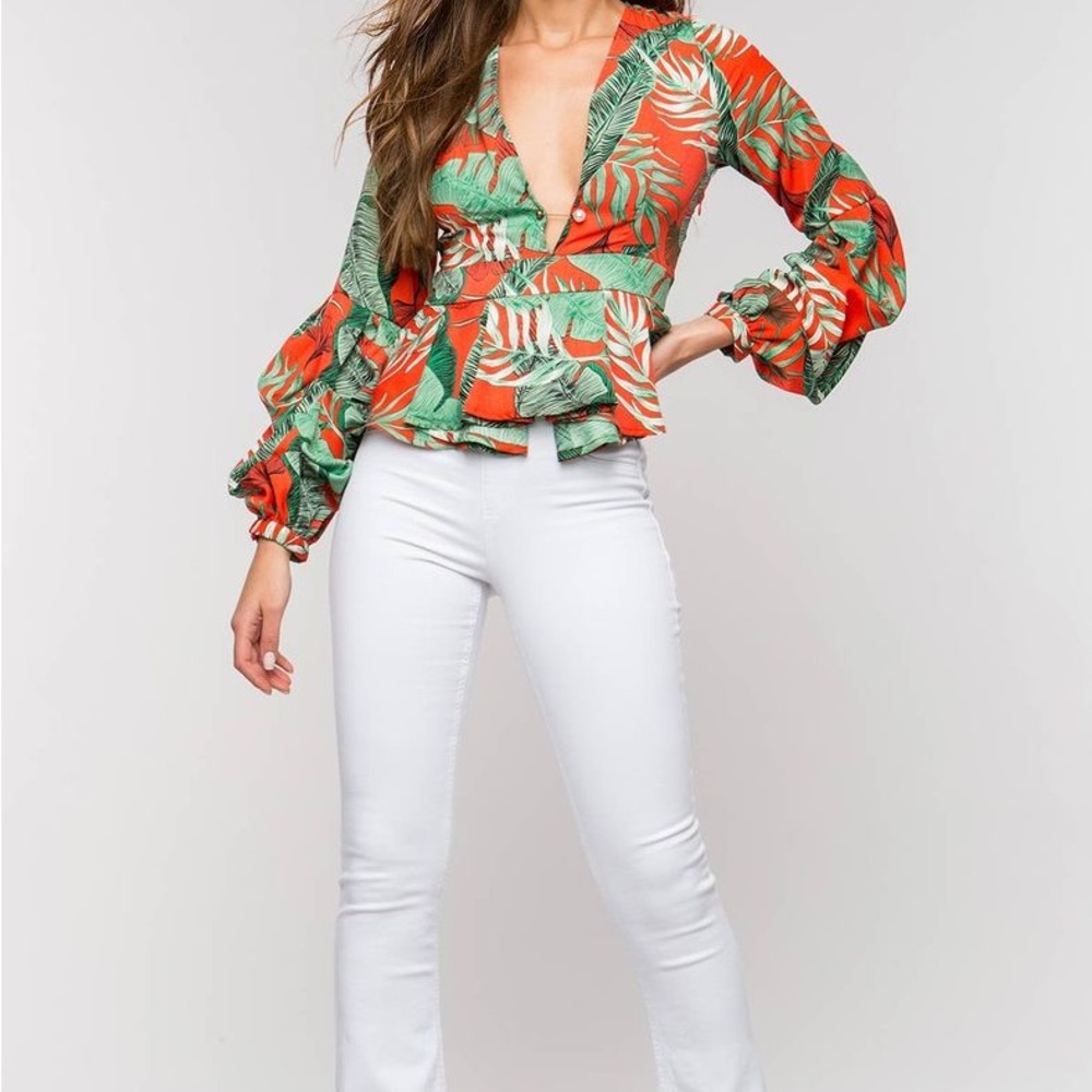 Fermina Plunge Neck Top Feminine Dressy Statement Top | S |